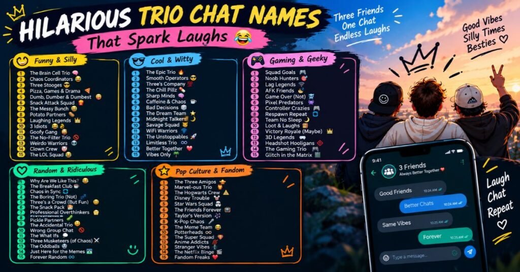 500+ Best Group Chat Names for 3 People (Funny & Unique 2026) 2 Hilarious Trio Chat Names That Spark Laughs