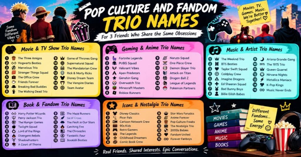 500+ Best Group Chat Names for 3 People (Funny & Unique 2026) 3 Pop Culture and Fandom Trio Names